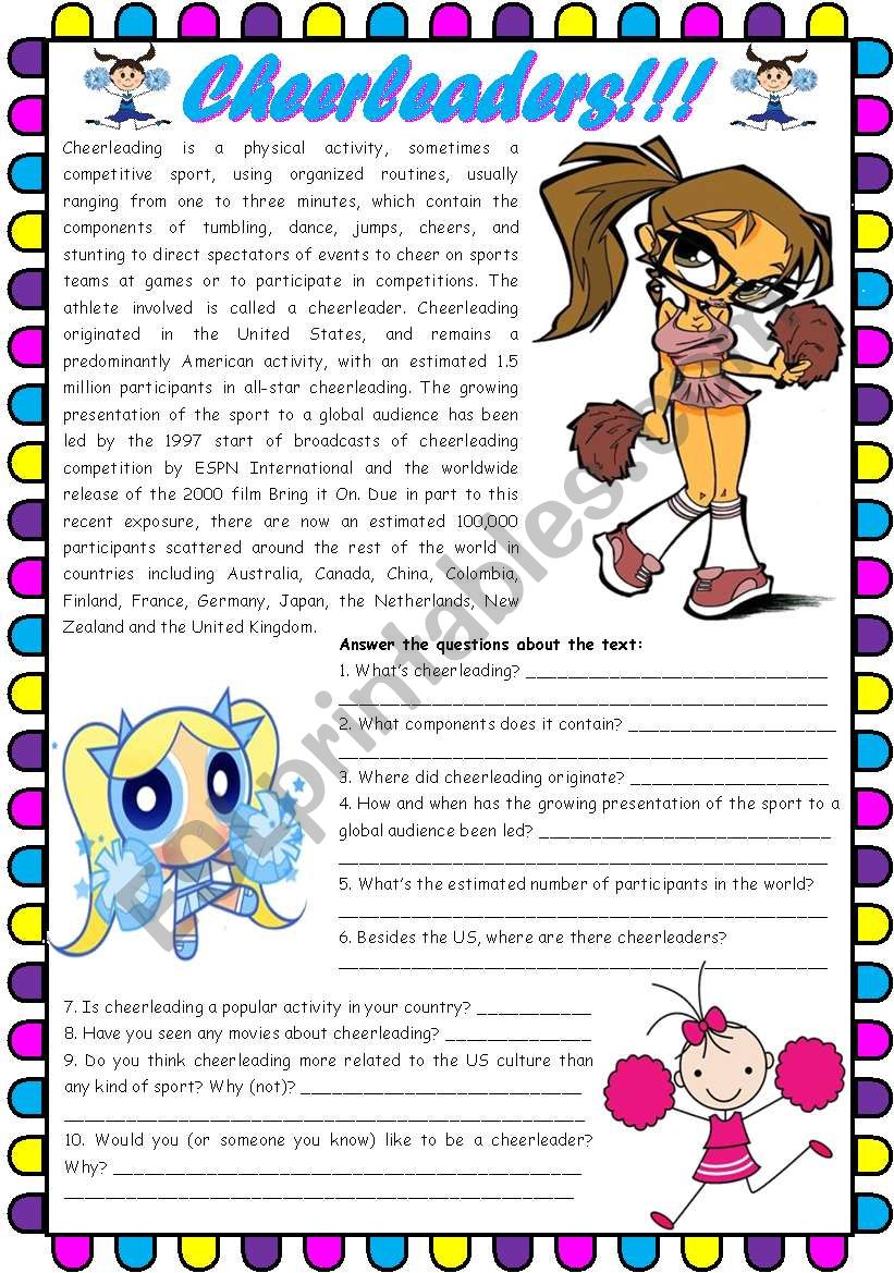 Cheerleaders!!! â€“ reading comprehension [4 tasks + videos + movies] SOURCES AND LINKS INCLUDED ((3 pages)) ***editable